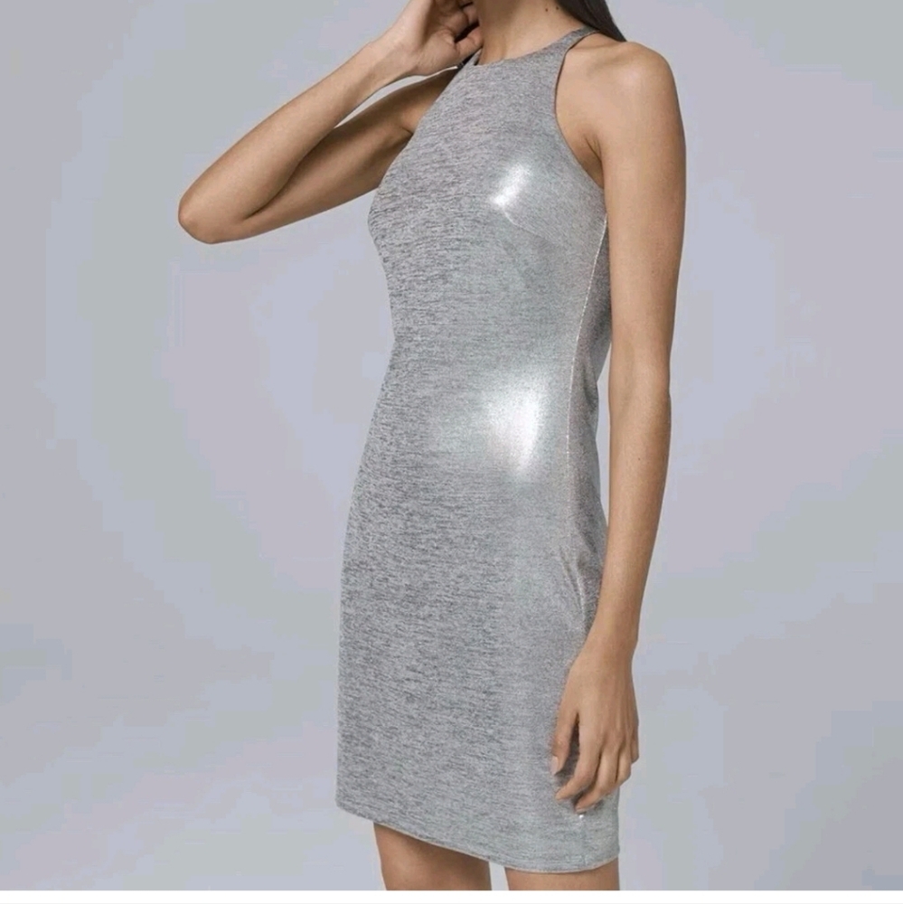 White House Black Market size XS Silver Metallic halter Shift Dress Sleeveless